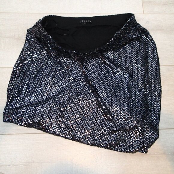Theory Hailey Skirt Black Metallic Sequin Asymmetrical Hem - Picture 8 of 12